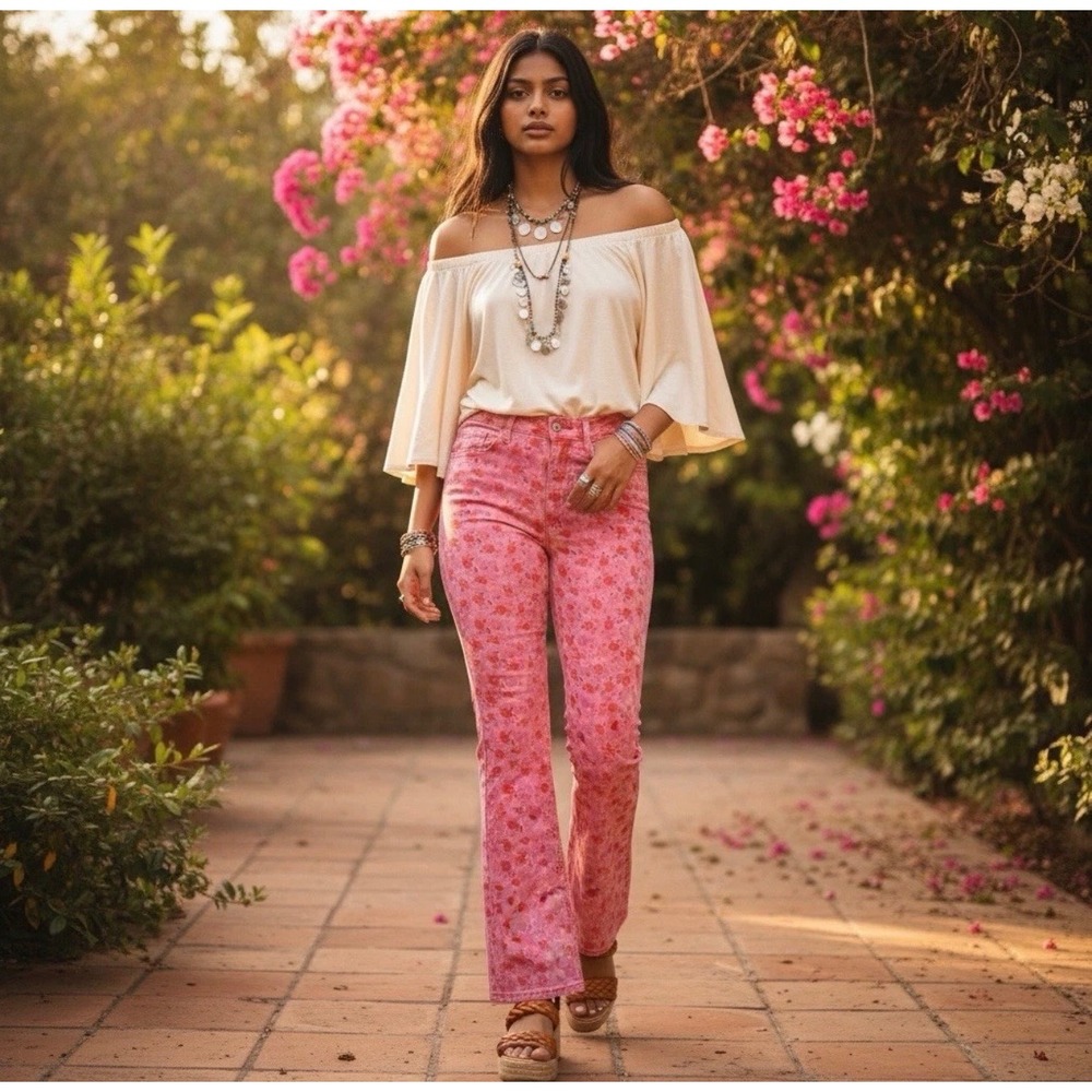 BDG Urban Outfitters Pink Rose Floral High‎ Rise Flare Jeans Size 24 Hippie